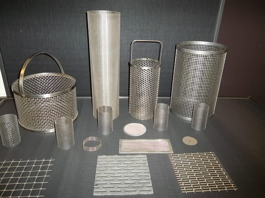 Rolled and welded stainless strainer baskets, perforated cylinders, discs and mesh panels