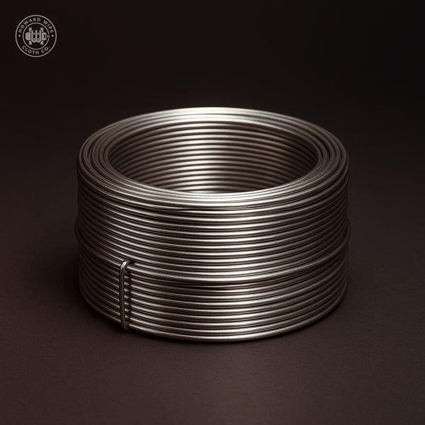 Studio photograph of a coil of .025 inch diameter type 304 stainless steel wire on a dark graphite background.