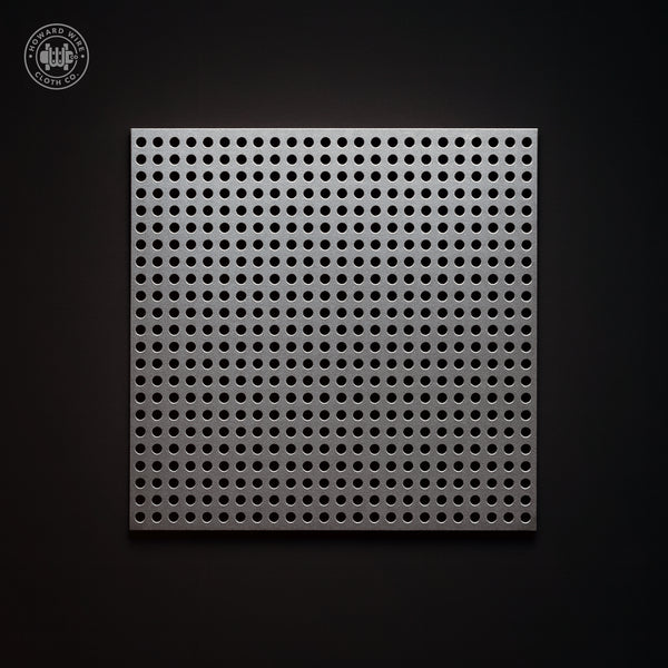 Studio product photograph of aluminium perforated sheet, .050 inch round holes on .066 inch straight centres, .032 inch thick, on a dark graphite background.