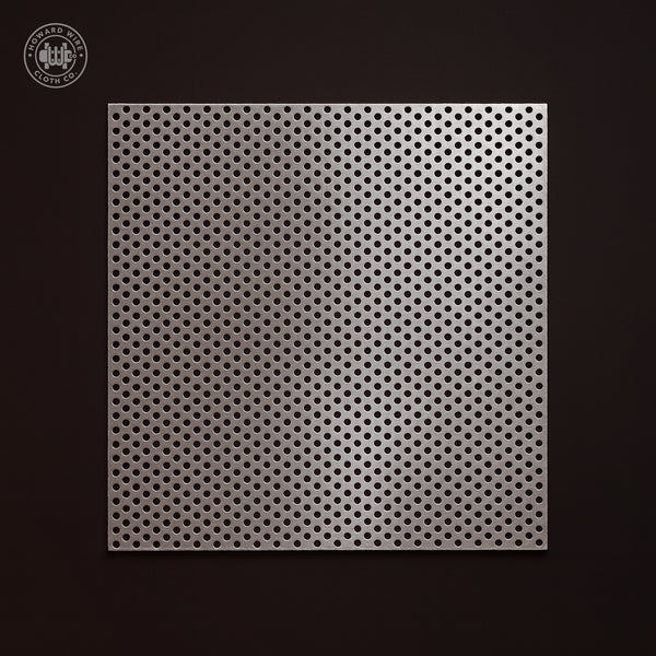 Studio product photograph of Type 304 stainless steel perforated coil, .094 inch round holes on .156 inch staggered centres, 18 gauge, on a dark graphite background.