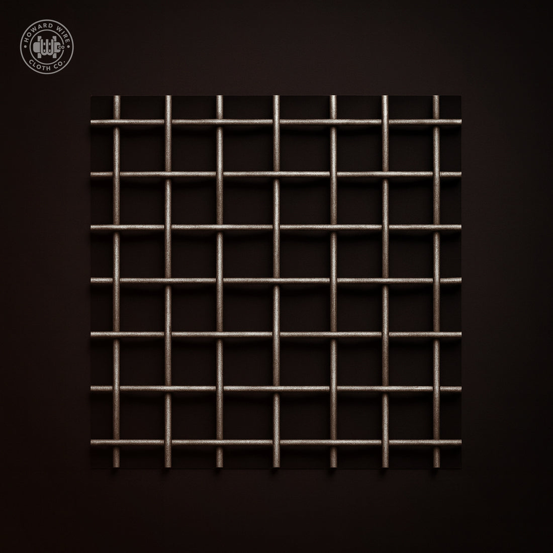 Studio product photograph of plain steel woven wire mesh, 1 mesh with .120 inch wire diameter, on a dark graphite background.