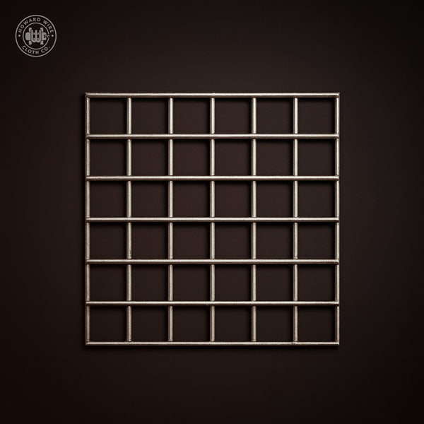 Studio product photograph of Type 316 stainless steel welded wire mesh, 1 inch mesh with .063 inch wire diameter, shown flat and square to camera on a dark graphite background.