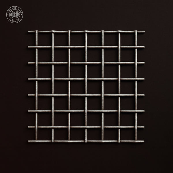 Studio product photograph of galvanized woven wire mesh, 1 inch mesh with .080 inch wire diameter, shown flat and square to camera on a dark graphite background.