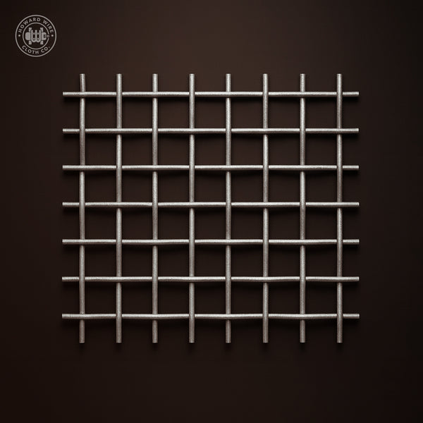 Studio product photograph of galvanized crimped woven wire mesh, 1 inch mesh with .120 inch wire diameter, shown flat and square to camera on a dark graphite background.