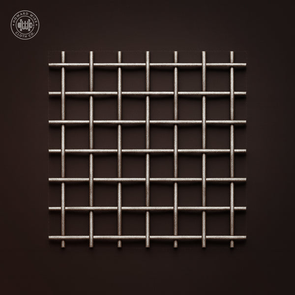 Studio product photograph of plain steel woven wire mesh, 1 inch mesh with .135 inch wire diameter, on a dark graphite background.