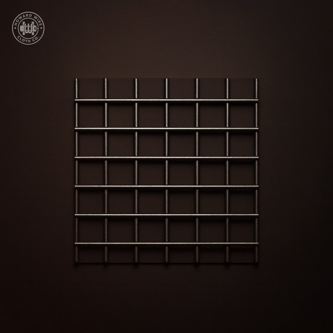 Studio product photograph of black PVC coated welded wire mesh, 1 inch by 1 inch mesh with .063 inch wire diameter, on a dark graphite background.