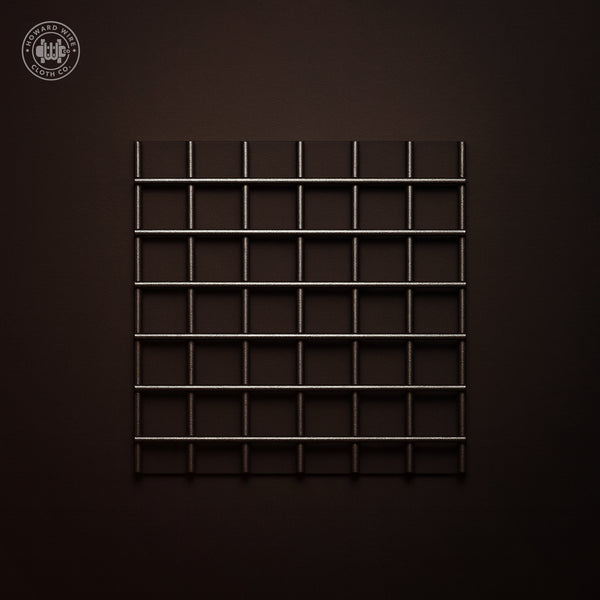 Studio product photograph of black PVC coated welded wire mesh, 1 inch by 1 inch mesh with .063 inch wire diameter, on a dark graphite background.
