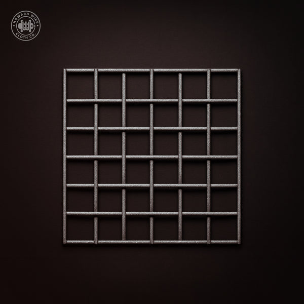 Studio product photograph of galvanized after welded wire mesh, 1 inch by 1 inch mesh with .105 inch wire diameter, on a dark graphite background.
