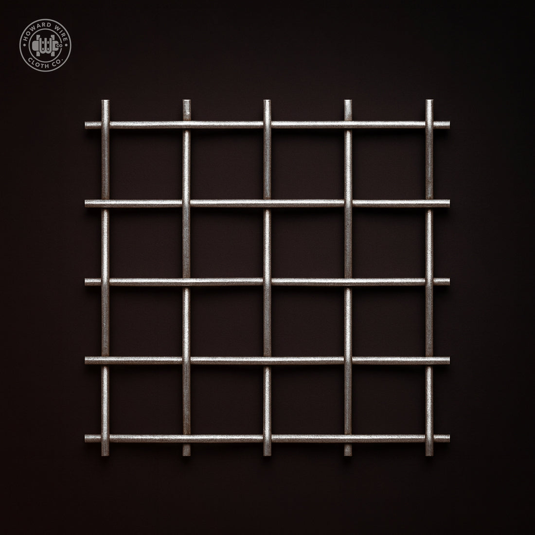 Studio product photograph of 316 stainless steel woven wire mesh, 1-1/2 inch mesh with .120 inch wire diameter, on a dark graphite background.
