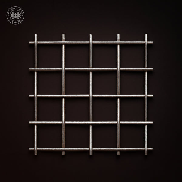 Studio product photograph of 316 stainless steel woven wire mesh, 1-1/2 inch mesh with .120 inch wire diameter, on a dark graphite background.
