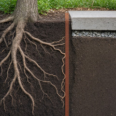 Cutaway of garden soil: tree roots reach a buried copper mesh root barrier and turn down along it, leaving the sidewalk side root-free