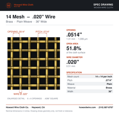 14 Mesh – .020" Wire Diameter – Brass Woven Wire – 36" Wide – spec drawing - Howard Wire Cloth Co.
