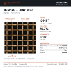 16 Mesh – .018" Wire Diameter – Bronze Woven Wire – spec drawing - Howard Wire Cloth Co.