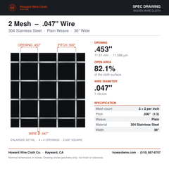 2 Mesh – .047" Wire Diameter – 304 Stainless Steel Woven Wire – 36" Wide – spec drawing - Howard Wire Cloth Co.
