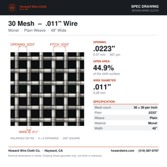 30 Mesh – .011" Wire Diameter – Monel Woven Wire – 48" Wide – spec drawing - Howard Wire Cloth Co.