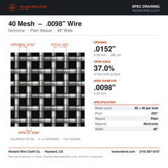 40 Mesh – .0098" Wire Diameter – Nichrome Woven Wire – 48" Wide – spec drawing - Howard Wire Cloth Co.