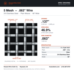 5 Mesh – .063" Wire Diameter – 316 Stainless Steel Woven Wire – 48" Wide – spec drawing - Howard Wire Cloth Co.