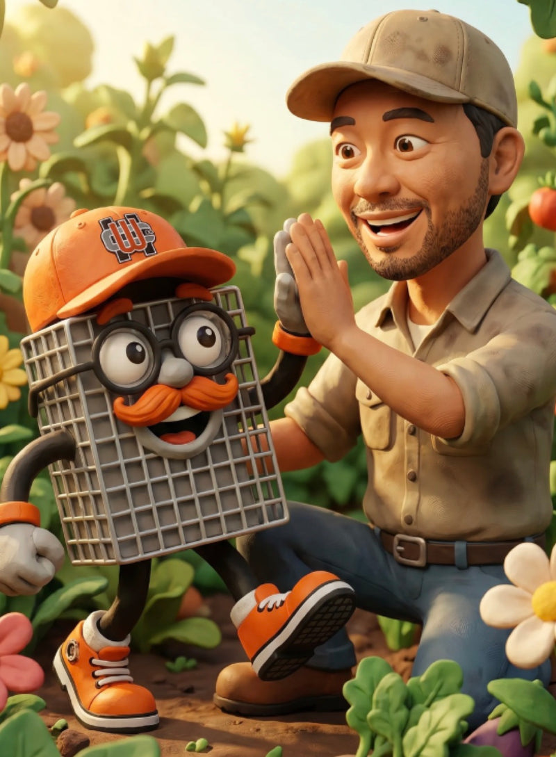 Howard Wire's Meshy mascot with a happy gardener