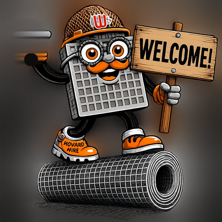 Howard Wire Cloth Co. mascot, Meshy, waving hello and holding a welcome sign