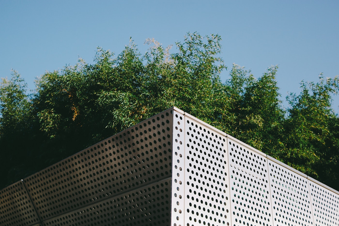 Perforated metal privacy screen on a modern home, framed by trees